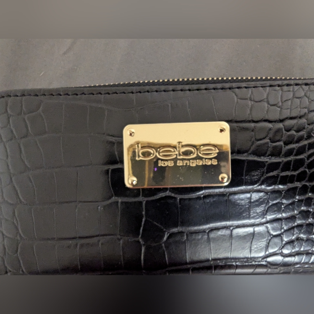 Evelyn Crocodile Skin Large Black Gold Baby Logo Zipper Coin Purse Clutch Bag